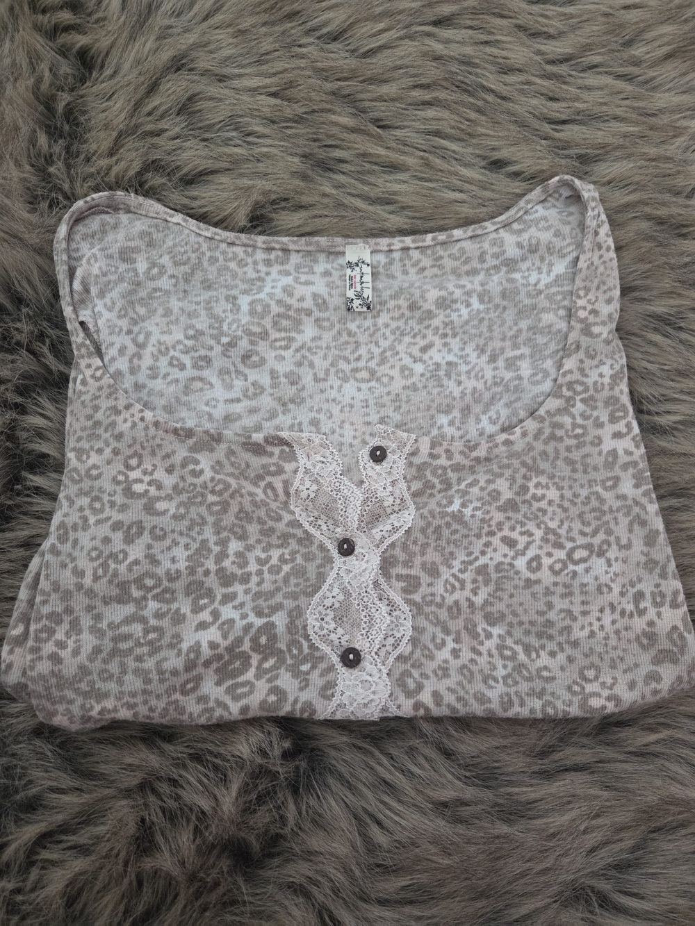 Free People Beige Leopard-Print Lace-Trim Sleep Top